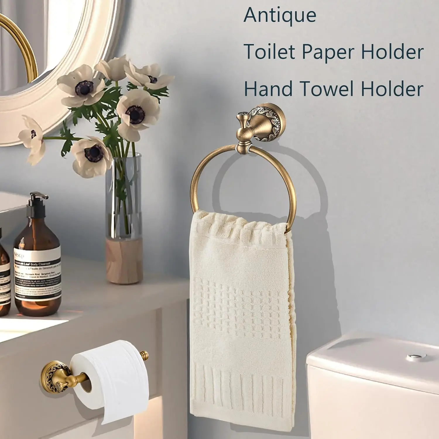 

Antique Brass Toilet Paper Holder, Antique Hand Towel Ring Retro Hand Towel Holder Tissue Roll Paper Hanger Bathroom Accessories