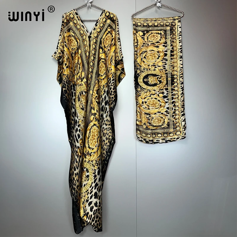 WINYI abaya dubai luxury african boho Print V-Neck Long Sleeve Kaftan Dress, Elegant Maxi Length Dress, Women\'s Clothing
