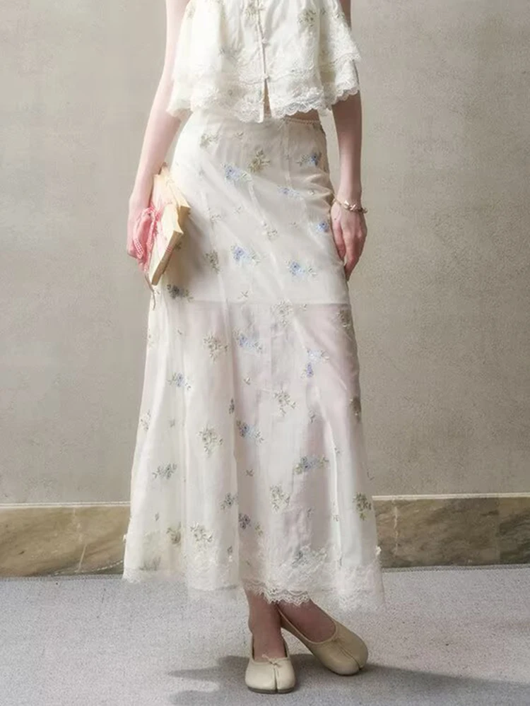 GypsyLady French Chic Embroidery Maxi Skirt Beige Casual Summer Women Long Skirts Sheer Hollow Out Ruffles Ladies Skirt Falda