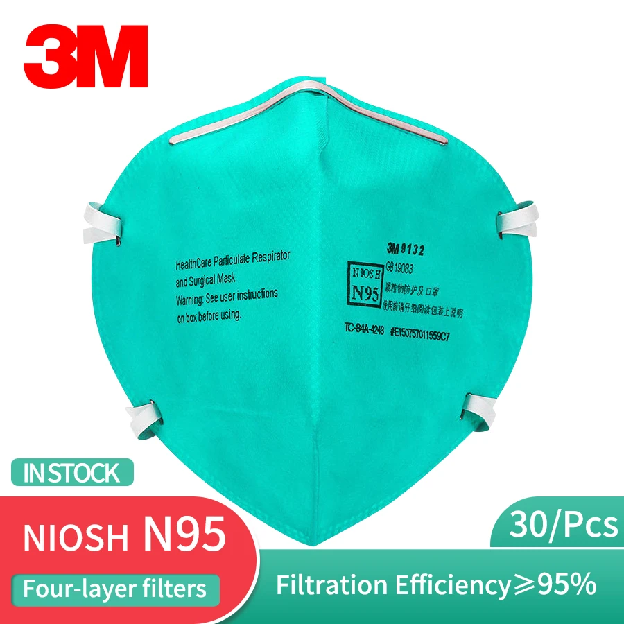 3m 9132 قناع الرعاية الصحية Niosh N95 واقية من التنفس الصناعي لموظفي الرعاية الصحية المهنية لا يمكن التحقق منها حزمة فردية عالية الكفاءة