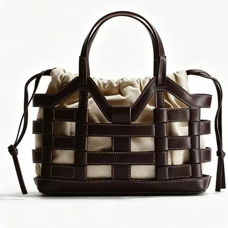 

Fashion Hollowed Out Handbag Large Capacity Shoulder Bag Special Tote Bag Drawstring Design Spliced Basket bag