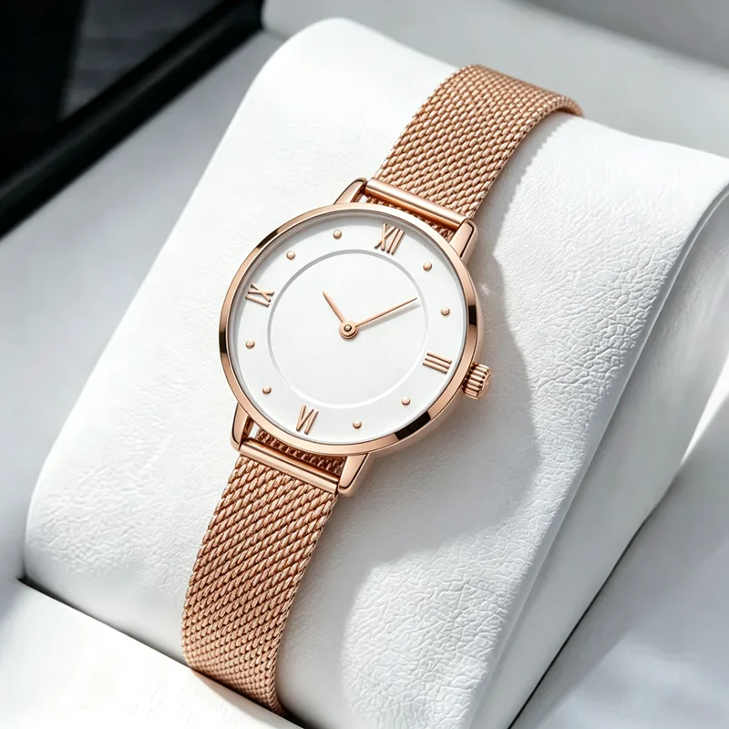 FIDI Women Bracelet Watch 1 Set Japan Quartz Movement Simple Rose Gold Stainless Steel Mesh Student Watches Relogio Feminino