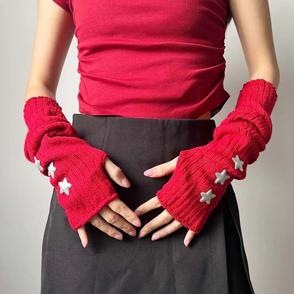 Sarung Tangan Rajut Elastis Tanpa Jari Warna Solid Gothic Y2K Penutup Lengan Bintang Hip-hop Serat Akrilik Penghangat Manset Panjang Wanita