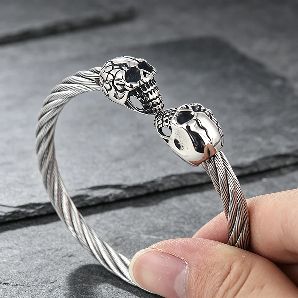 Stainless Steel Adjustable Wire Rope Skull Bracelets Rock Hip Hop Cuff Bangle for Women Men Party Gift Jewelry Dropshipping