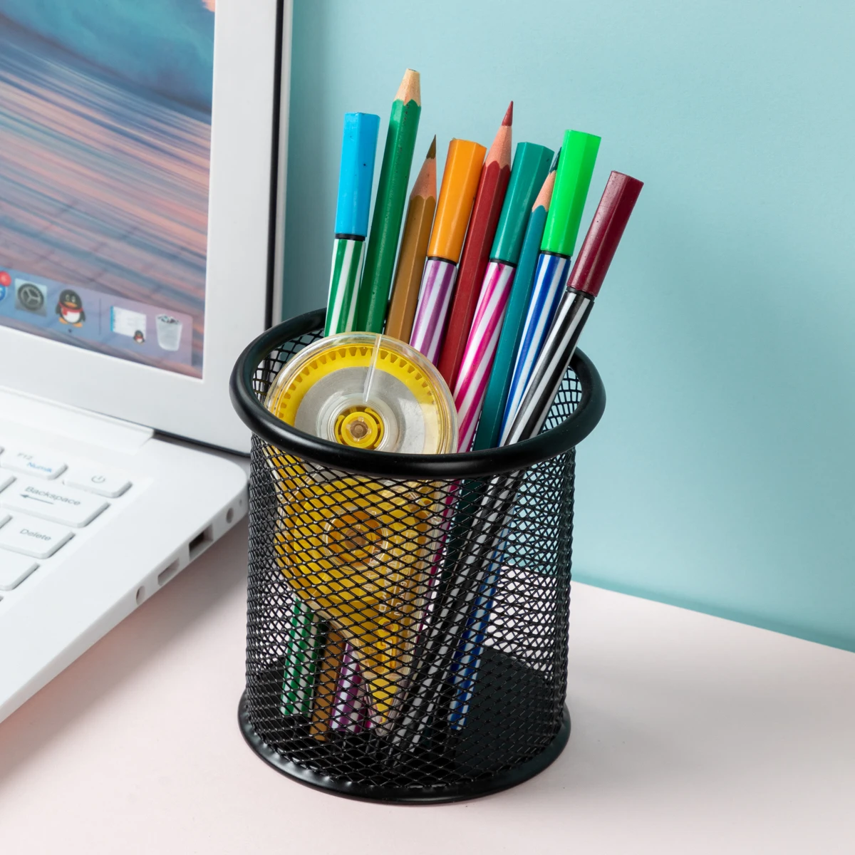 MOTARRO 1Pcs Pencil Holder Office Desk Metal Mesh Square Round Pen Pot Cup Case Container Organiser Durable Pencil Case