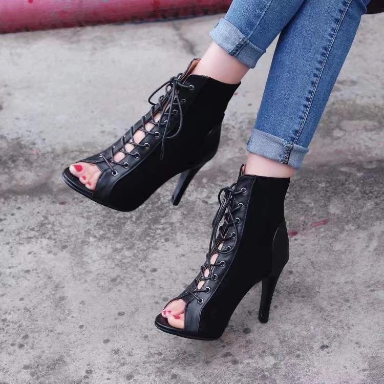 Sandalias con cordones, tacones de 9CM, zapatos de mujer, tendencia de verano 20224, botas sexis negras con punta abierta, tacones de aguja de tela a la moda, baile de Jazz para mujer