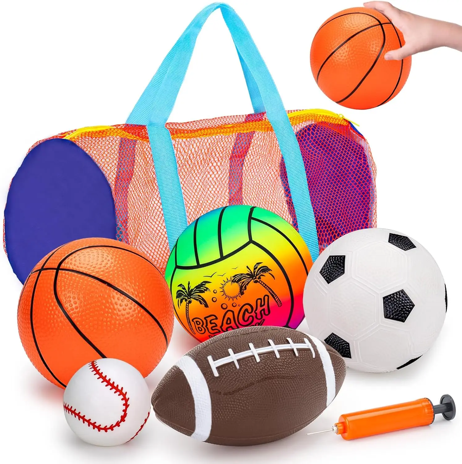 

5 Pack Sports Balls Set for Toddlers 1-3 with Bag, Football Basketball Soccer Baseball Volleyball Outdoor Play Toys