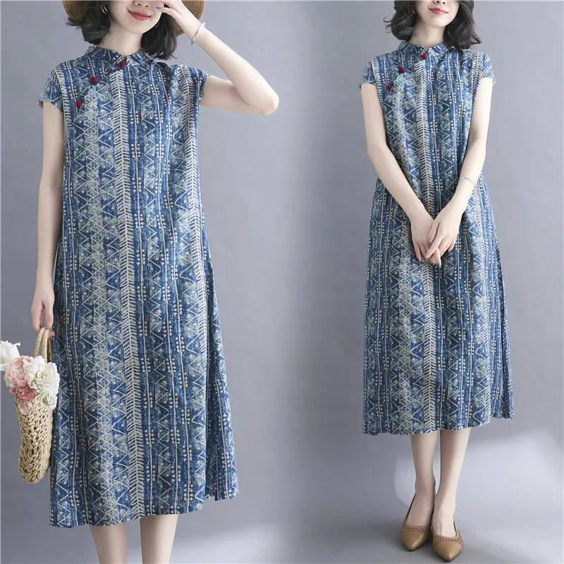 

Summer Floral Print Loose Women's Dress Artistic Vintage Side Slit Button Mid-Length Cotton Gown for plus Size Ladies