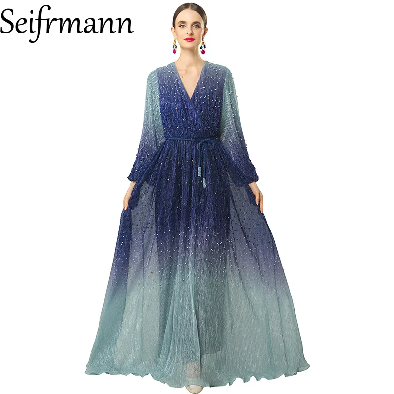 Seifrmann Stitched beaded gradient color dress v-neck long-sleeved waist long dress 2026 summer new women's clothing