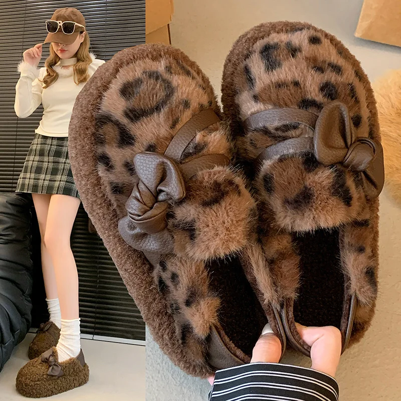 

2025 Winter Leopard Print Plush Slippers Women Open Toe Fuzzy House Shoes Soft Sole Warm Indoor Outdoor Comfort Slides