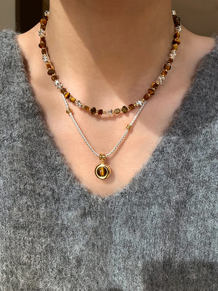 Gold- und Silberfarbene Kette, kreisförmiger Tigerauge-Stein-Anhänger, Halskette, luxuriöser Schmuck für Damen, sexy Schlüsselbein-Accessoires – Detail 7