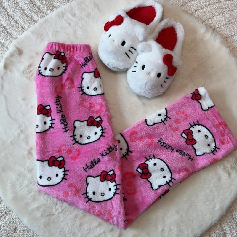 Kawaii Sanrio Hellokitty Cartoon Pajama Y2K Women Fall/winter Fluffy Warm Granny Trousers Fashion Loose Household Apparel