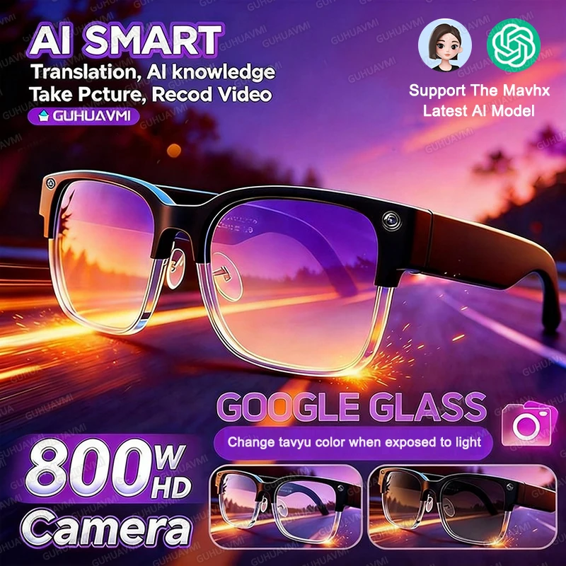 New Smart Glasses with 800W Camera Sunglasses Video Recording AI Photo Recognition Call Voice Translation Change color Glasses