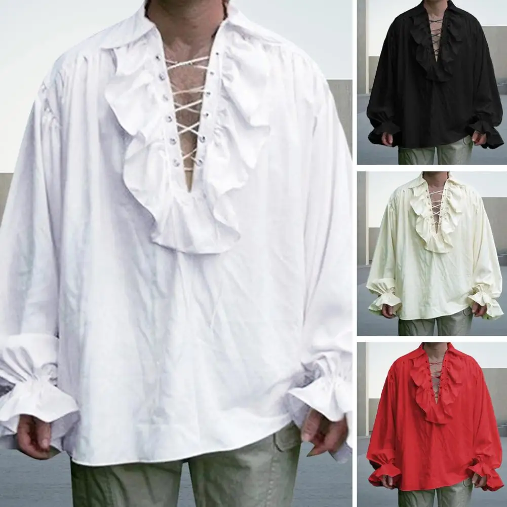 Men's Renaissance Shirt Costume Ruffled Long Sleeve Lace-Up Medieval Steampunk Pirate Shirt For Cosplay Stage Drama Prince Tops