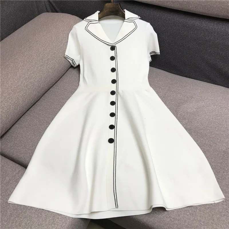 

French style summer elegant short sleeve knitted dress women notched collar slim big swing a-line dress