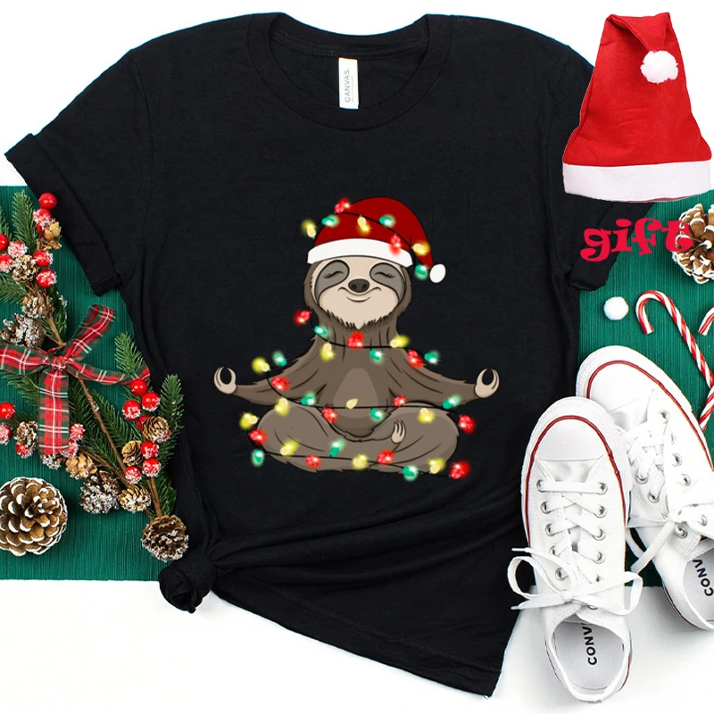 Fashion Sloth T-Shirt Short Sleeve Y2k Shirts for Women Funny Christmas Lights T Shirts Female Party Tops with Christmas Hats