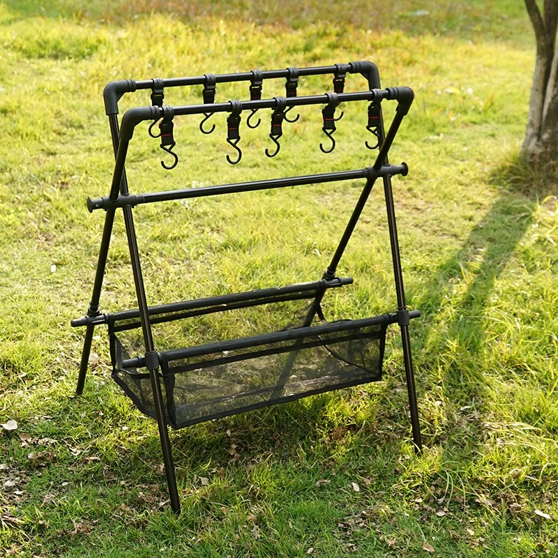 2 Layer Camping Cookware Hanging Rack Tripod Stand Hooks Foldable Multifunctional Organizer for Hiking Picnic Bonfire Barbecue