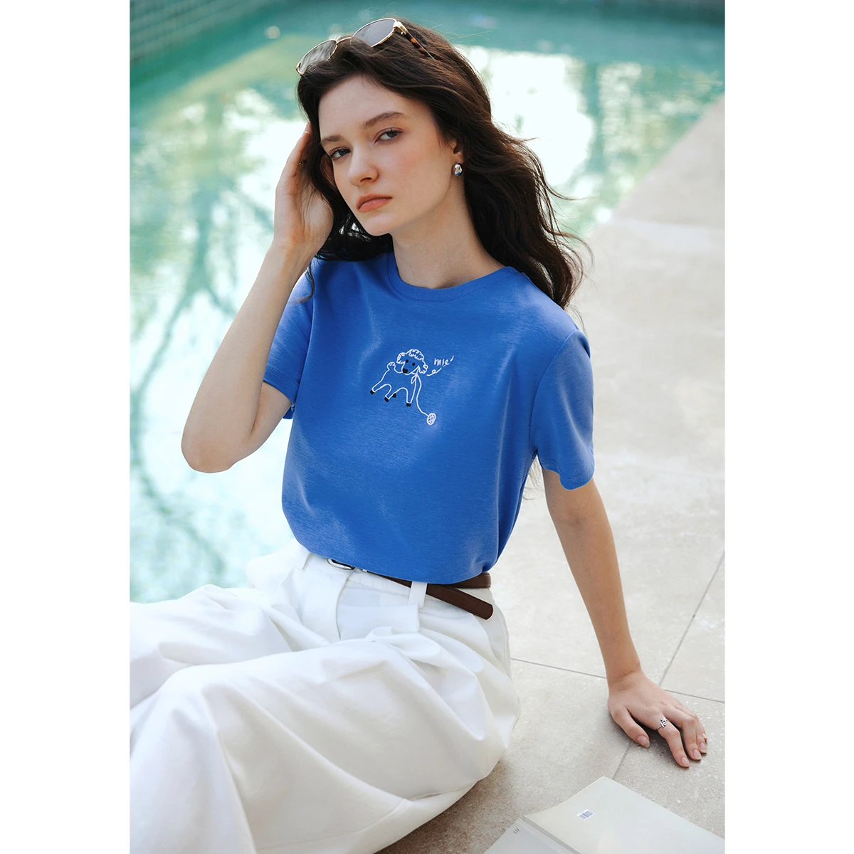 OLrain Women's Blue Casual T-shirt Ribbed Crew Neck Sheep Embroidery Cotton Short Sleeve Tee 2026 Summer New Clothes O58XT005962
