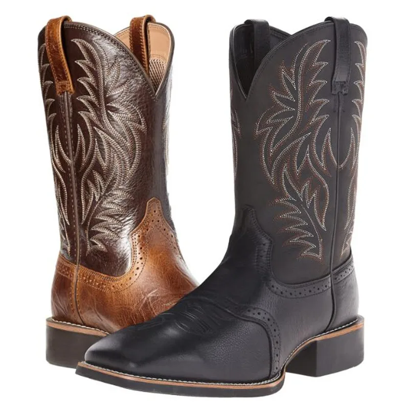 NEW Men Western Cowboy Boots Fashion Punk Goth Embroidery Square Head Mid-calf Male Boots Slip on Men Riding Boot Zapatos Hombre