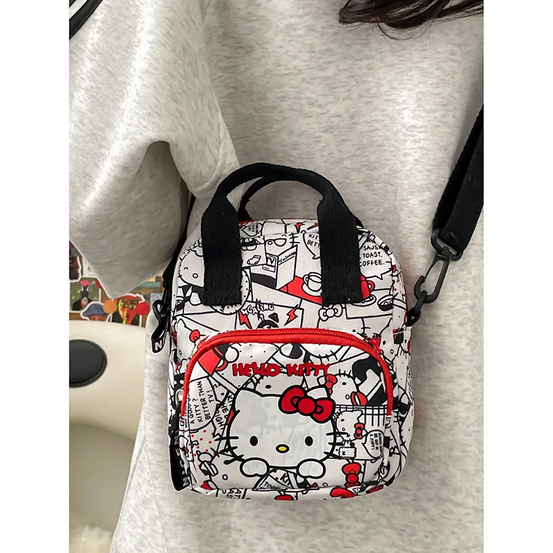 Sanrio Hello Kitty Women\'s Shoulder Bag Girls Cartoon Cute KT Printed Large Capacity Canvas Crossbody Bag Kids Travel Handbag