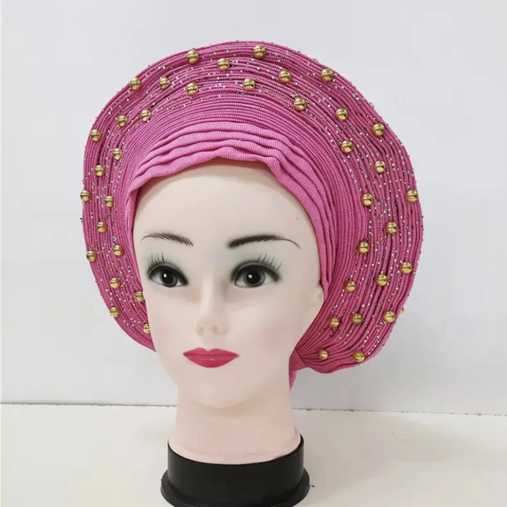 African Sego Gele Headtie Already made Auto Turban Afro Aso Ebi Oke Pink Blue With Stone Beawide Nigerian Brim For Wedding Party