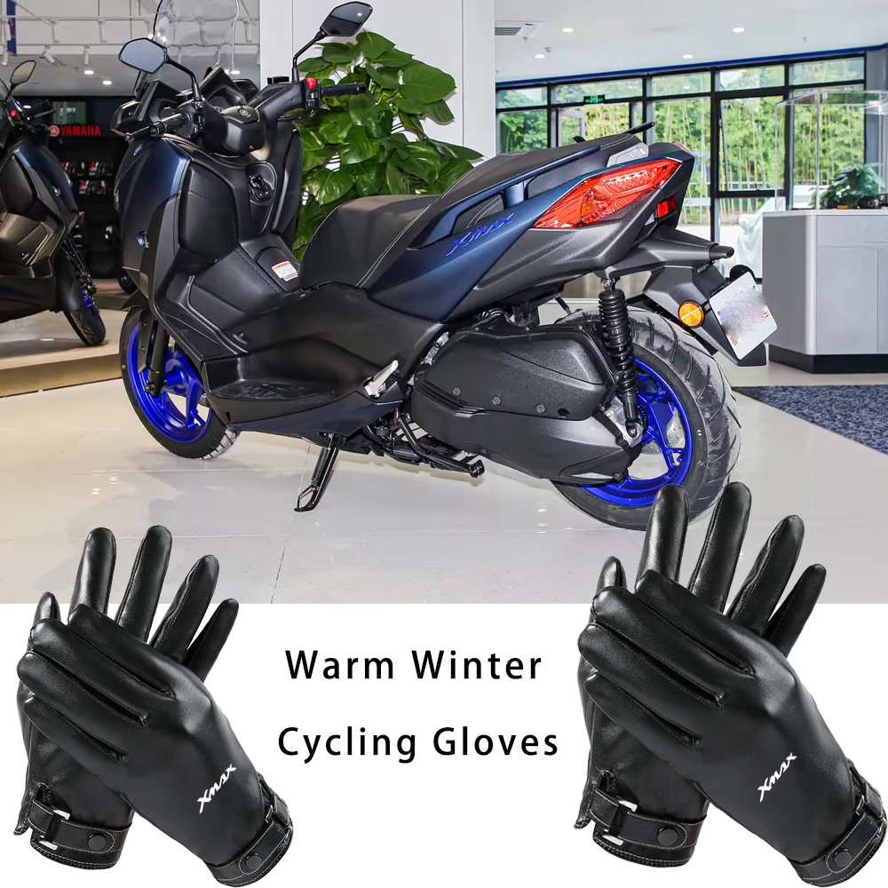 

High Quality Full Finger Black Cycling Gloves Men PU Leather Glove Winter Warm Touch Screen Gloves for Yamaha xmax 250 300 400