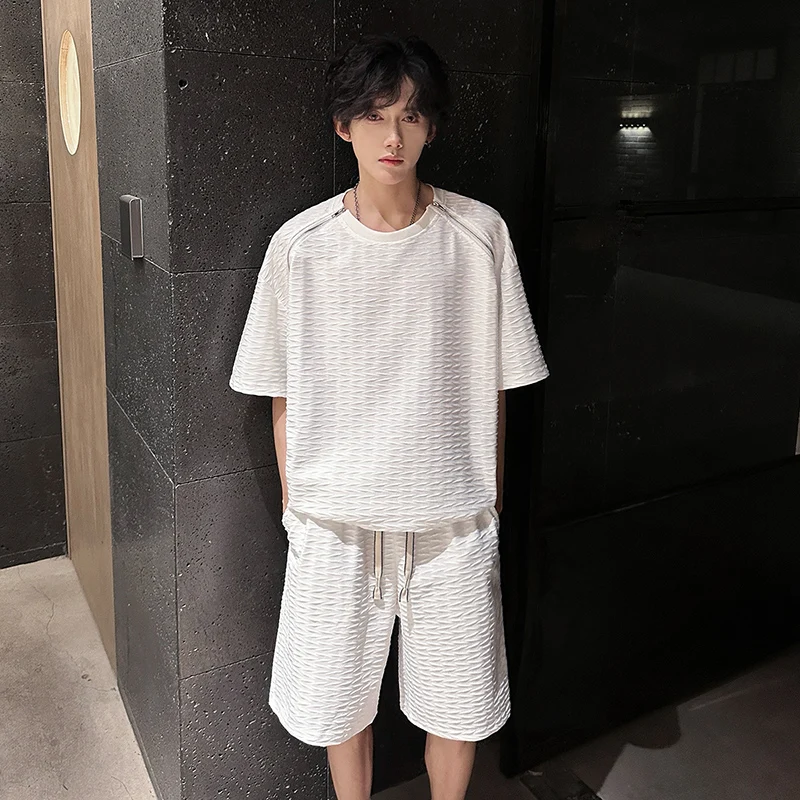

Men's Textured Double-Zip Round Neck Short Sleeve T-Shirt Elastic Waist Drawstring Shorts Set Oversized Casual Lounge Clothing