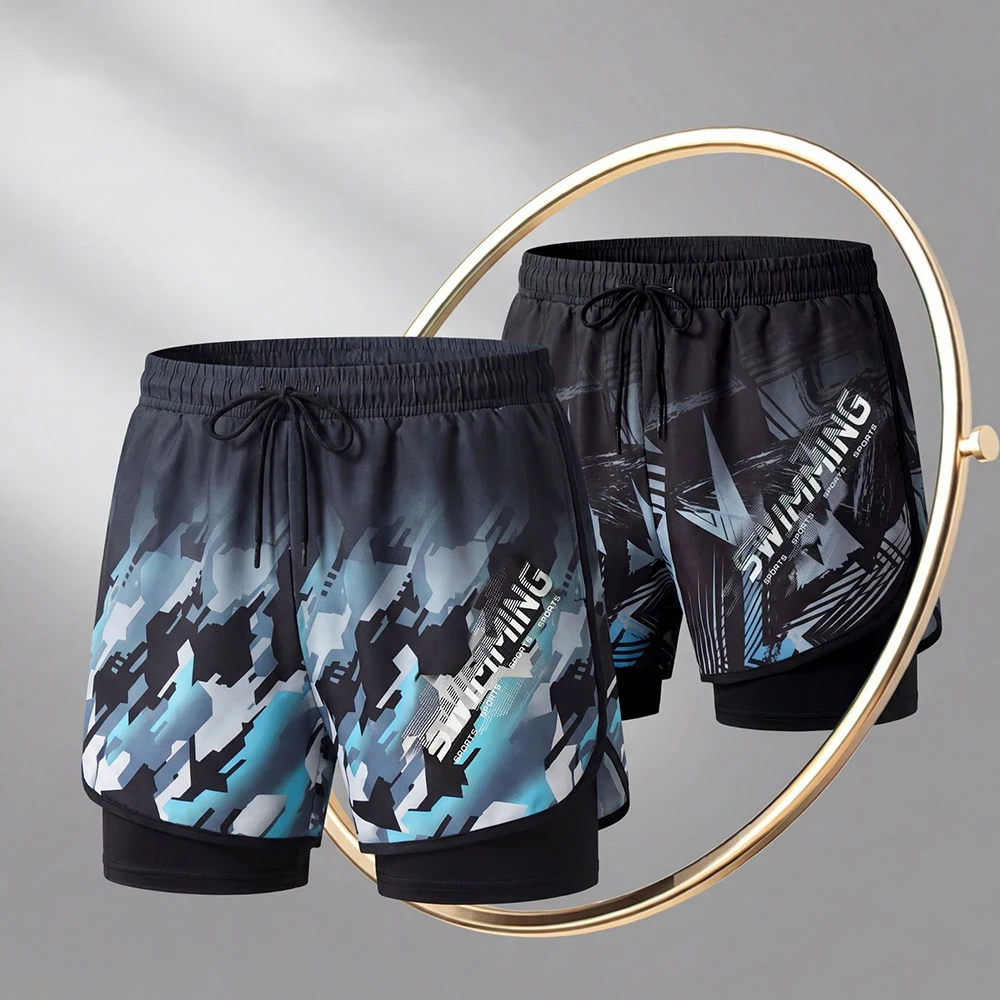 Fashion Swim Trunks for Men Double-layer Swimming Shorts Anti-embarrassment Lined with Professional Beach Pants Adult Swim Gear