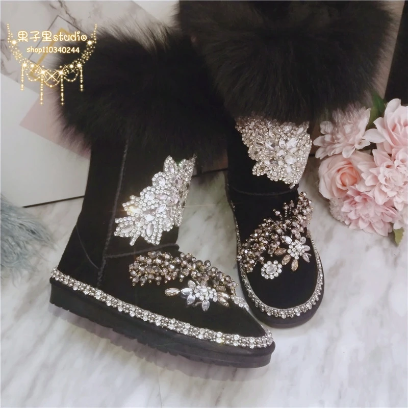 Luxury Fox Fur Black Genuine Leather Women Tall Snow Boots Thermal Thicken Plush Diamond Rhinestones Winter Shoes Handmade