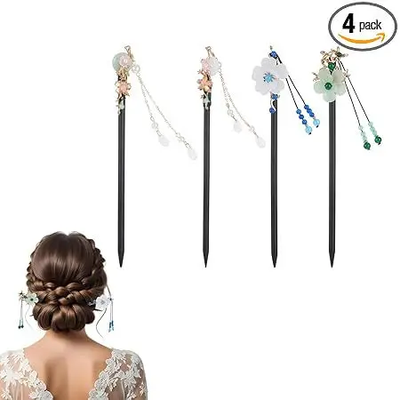 

4Pcs Chinese Hairpin Tassel Hair Stick Wooden Vintage Flower Chopsticks Hanfu Styling Pins for Women Chinese Hair Clip Flower