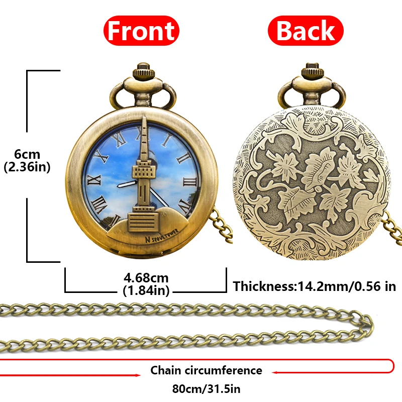 Montre de Poche Vintage en Bronze et à Quartz, Pendentif de Décoration, Collier de Bâtiment de Chine, Séoul, Taipei, Cadeau