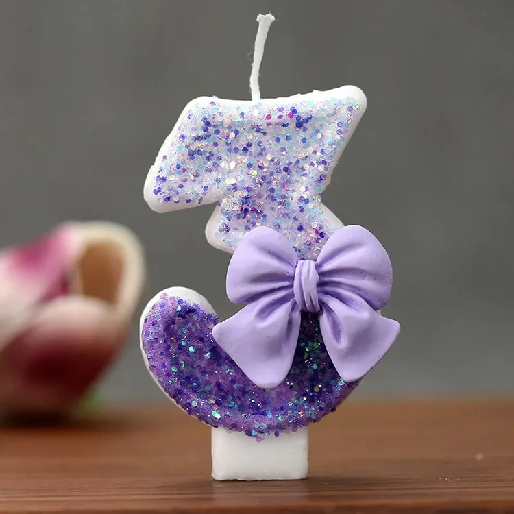 Gradient Purple Bow 0-9 Number Candle Cake Birthday Candle Creative Birthday Cake Decoration Supplies Party Decoration Candle