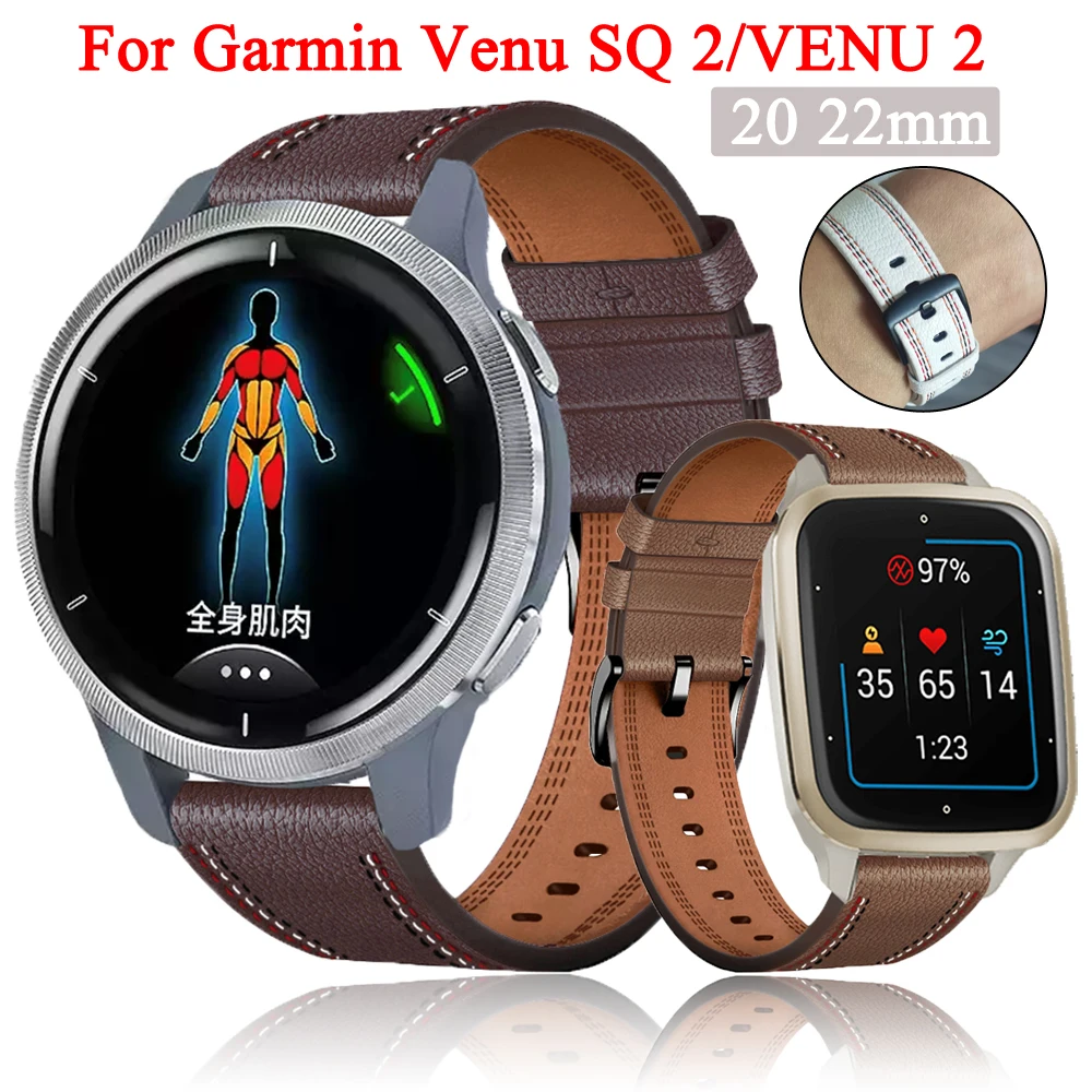 20 22mm Leather Wristband For Garmin Venu SQ 2/VENU 2 Plus/Forerunner 745 255 Watch Strap Vivoactive 3 4 Bracelet Accessories