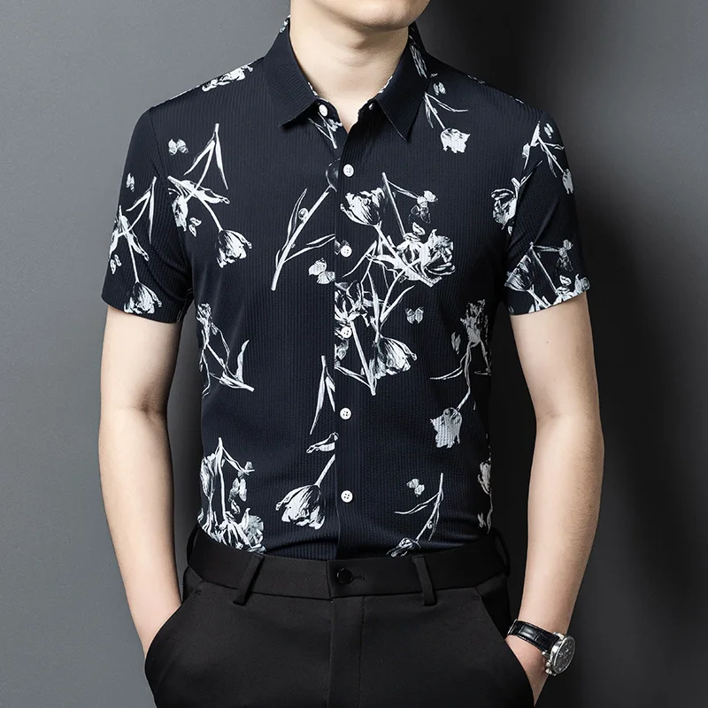 Summer Men's Floral 3D Print Shirt, Short-Sleeve Collared Button-Up Shirt, Casual Loose-Fitting Quick-Drying Hawaiian Shirt