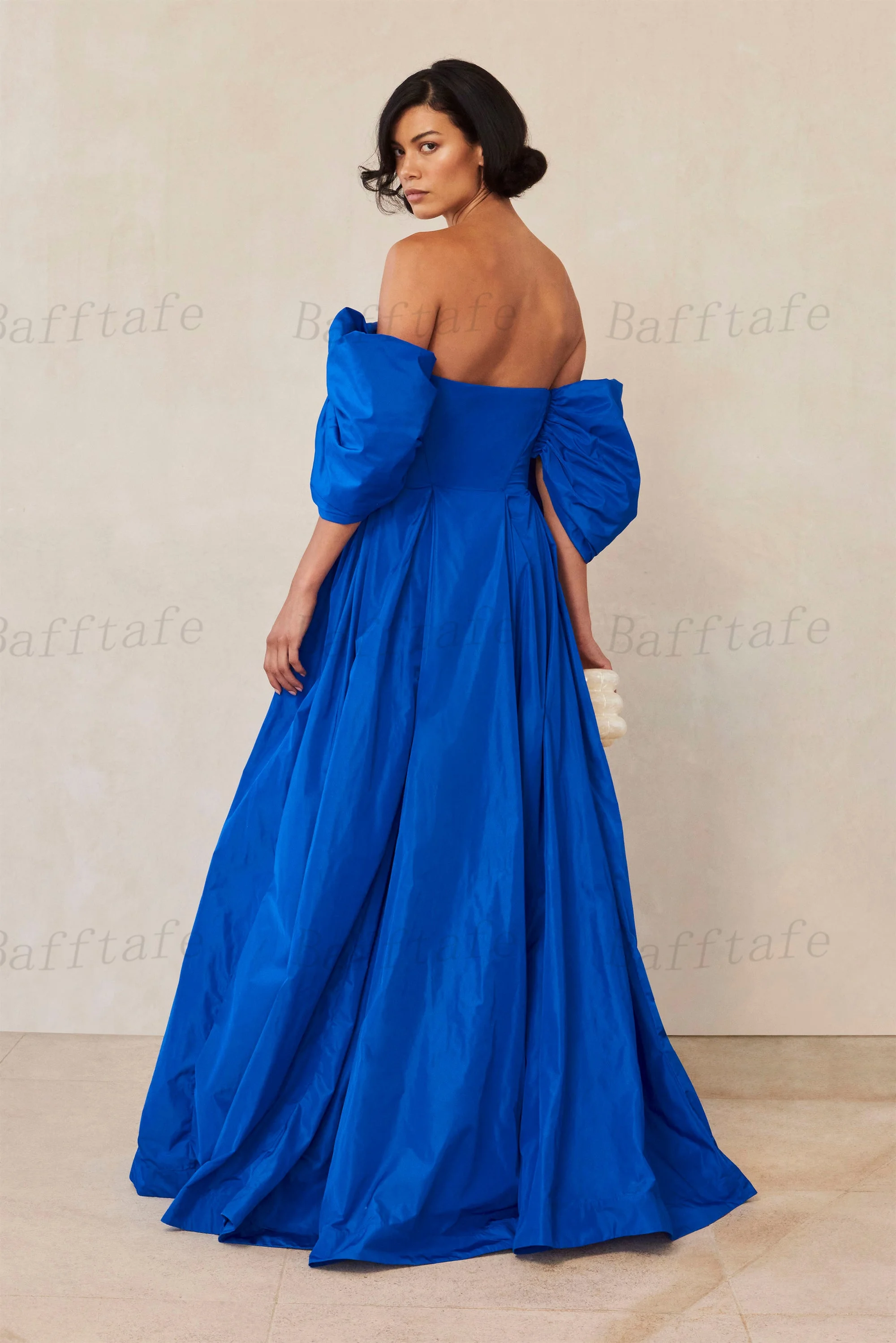 Bafftafe Royal Blue Taffeta Women Prom Dresses Customized Off Shoulder Slit Evening Gowns Formal Special Occasion Party Dress