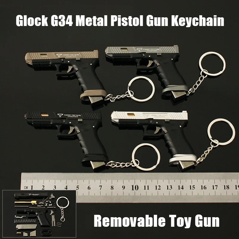 

2025 Newest Mini Model Keychain G34 Gun Jewelry Metal Pistol Pendant Key Chain Chaveiro Bag Car Key Holders Gifts for Kids & Men