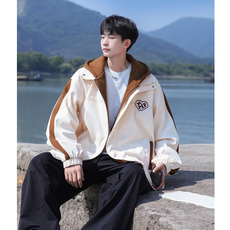 

Мужская куртка-худи оверсайз в японском стиле, имитация двухслойной одежды, весна-осень, модная брендовая молодежная рабочая одежда