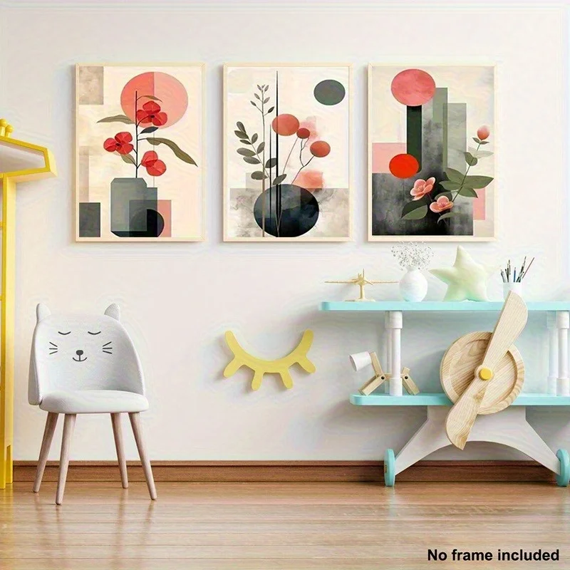 2D لشركة فيات، مجموعة 3 قطع، طباعة قماشية بدون إطار، عمل فني نباتي هندسي حديث ثلاثي الأبعاد مع تصميم زهور وأوراق شجر وردية - زن