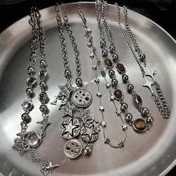 Punk Retro Button Star Pendant Necklace Trendy Delicate Silver Color Unisex Choker Personalised Luxury Jewelry for Women