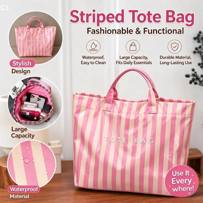 Waterproof Large-Capacity PVC Tote Bag Striped Style Print Handheld Or Shoulder Carry Simple Summer Design Portable Tote Bag