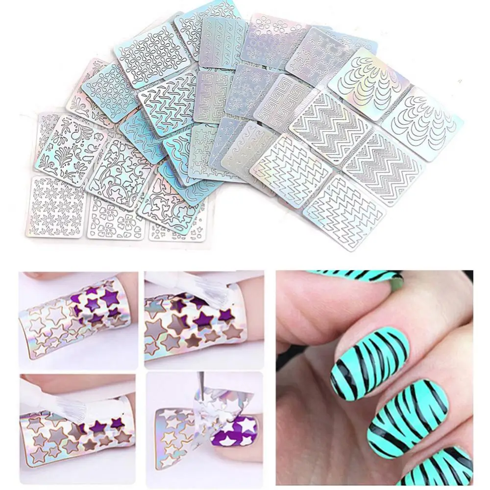 24Pcs/Set Stamping Nail Art Hollow Templates Airbrush Stencils Stickers,Laser Silver Stamp Plates Guide Manicure Tools