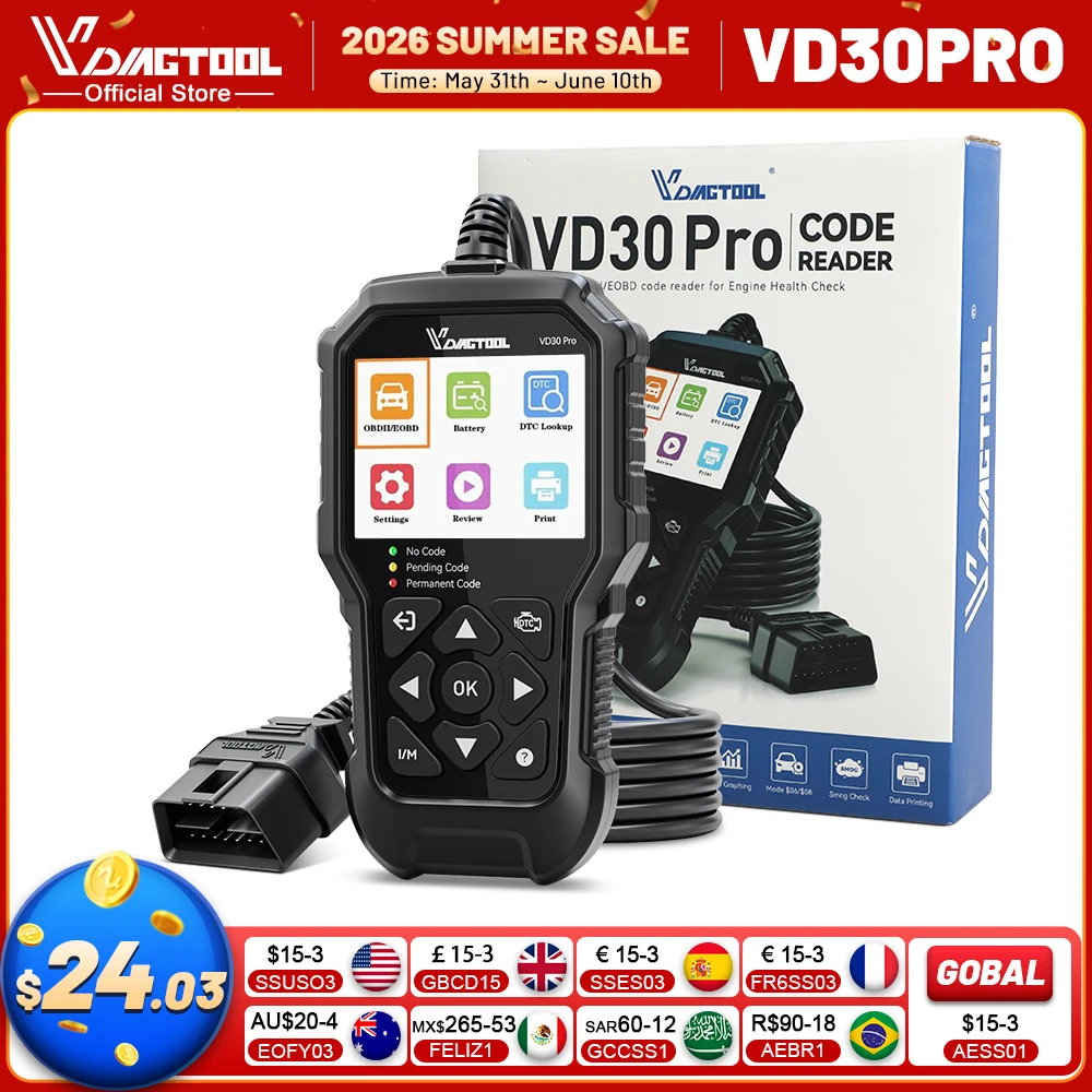 VDIAGTOOL VD30PRO Scanner OBD2 Leitor de Códigos de Falha do Motor do Carro Diagnóstico OBDII Luz de Verificação do Motor Dados em Tempo Real Testador de Tensão da Bateria
