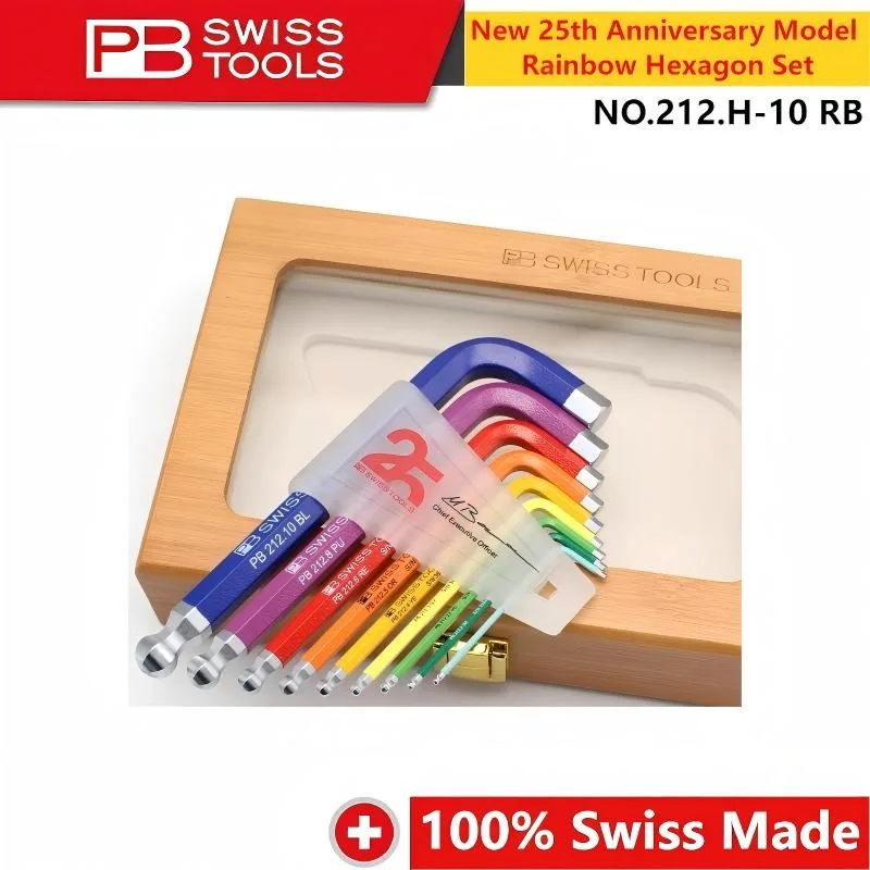 PB SWISS TOOLS 212.H 212.LH RB 25th Anniversary Rainbow Hex Key Set Ball Flat Head Metric Wrench with Case