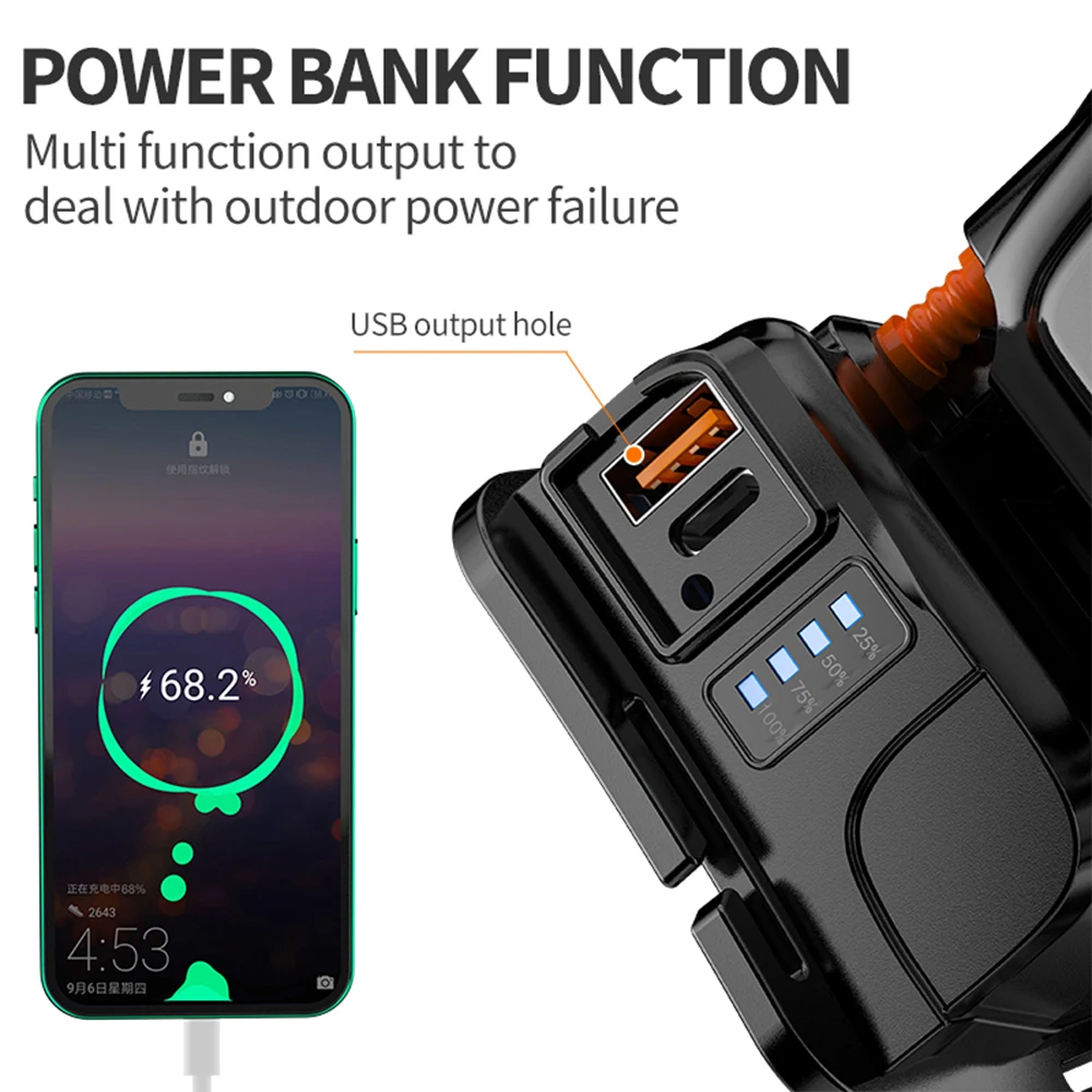 Faro de plástico recargable con pantalla de potencia de salida USB multifuncional con función de detección