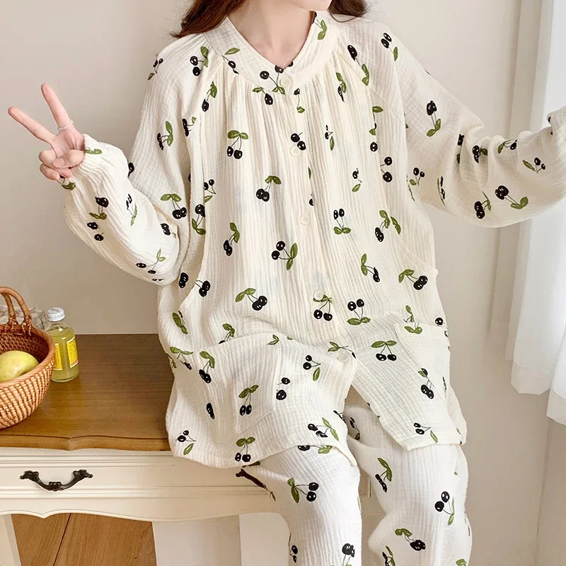 100% Cotton Double Gauze Maternity Nursing Sleepwear Sets Spring Summer Lacation Breastfeeding Pajamas Pregnancy Home Hospital