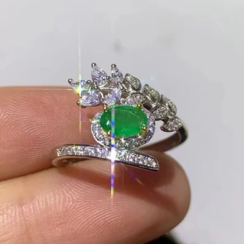 

925 pure silver Chinese style natural Emerald women's noble elegant exquisite plant adjustable gem ring fine jewelry support det