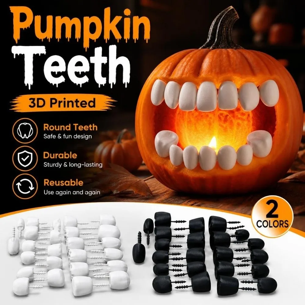 26/27Pcs 3D Printed Pumpkin Teeth DIY Round Teeth Jack O Lantern Teeth Reusable Durable Fangs Teeth Set Homemade Lantern