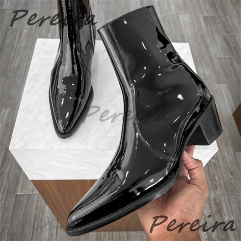 Autumn Winter New Men's Chelsea Boots Black Patent Leather Pointy Toe Side Zipper Short Boots Fashion Party Business Dress Shoes