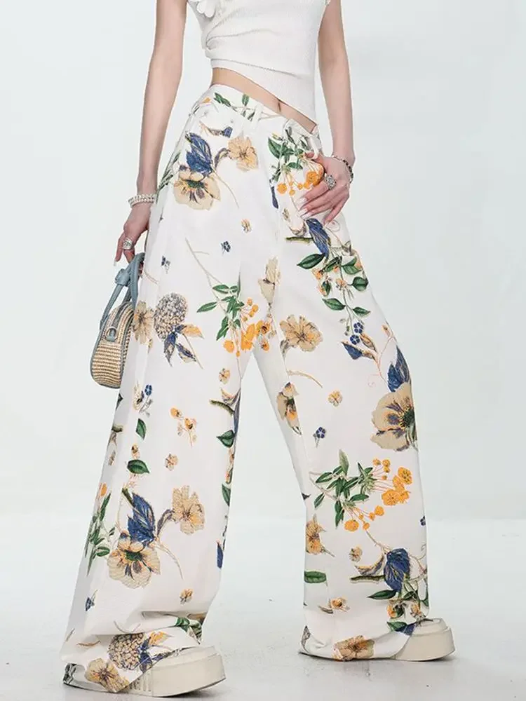 China-Chic Vintage Flower Printed Jeans for Men and Women Spring and Autumn 2025 New Loose Draping Wide Leg Floor Pants