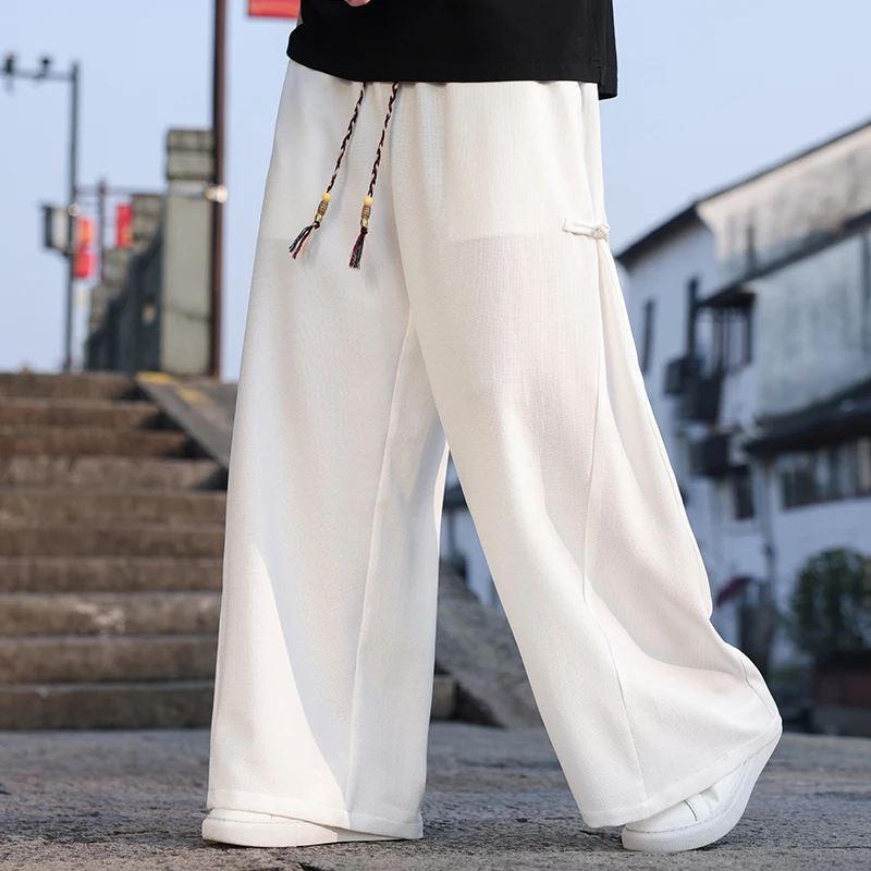 

Chinese Style Men Original Wide Leg Pants Men Retro Frog Button Casual Bottoms Traditional Hanfu Trousers Man Harajuku Pants